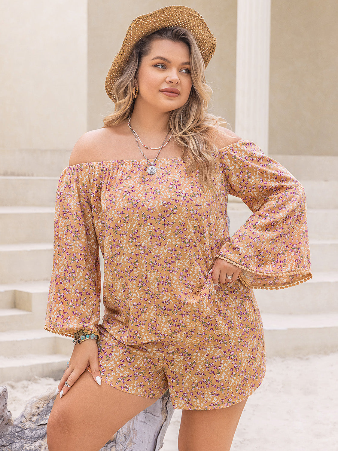 Plus Size Printed Off-Shoulder Top and Shorts Set at Kamakhyaa by Trendsi. This item is H.R.Z, Ship From Overseas, Trendsi