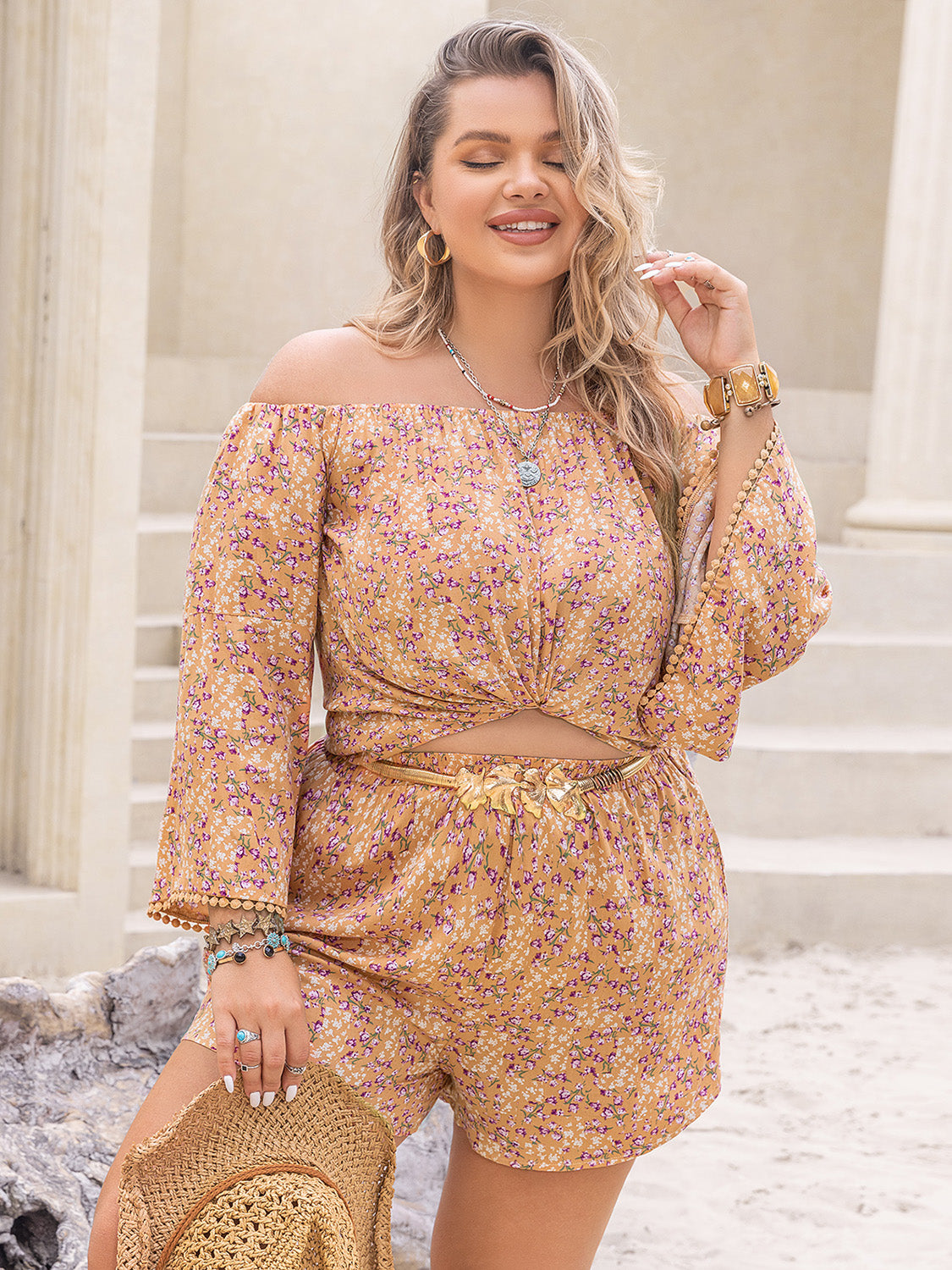 Plus Size Printed Off-Shoulder Top and Shorts Set at Kamakhyaa by Trendsi. This item is H.R.Z, Ship From Overseas, Trendsi