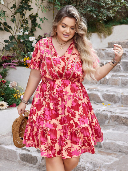 Plus Size Printed V-Neck Flutter Sleeve Dress at Kamakhyaa by Trendsi. This item is H.R.Z, Ship From Overseas, Trendsi