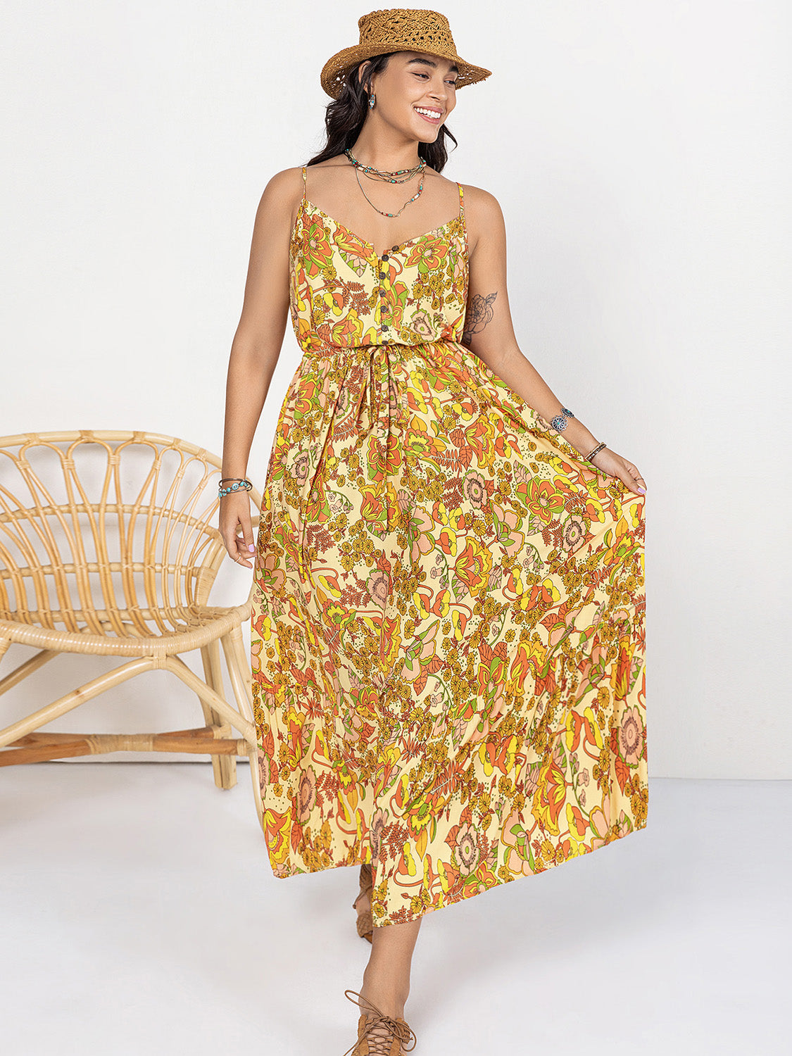 Plus Size Printed V-Neck Maxi Cami Dress at Kamakhyaa by Trendsi. This item is H.R.Z, Ship From Overseas, Trendsi