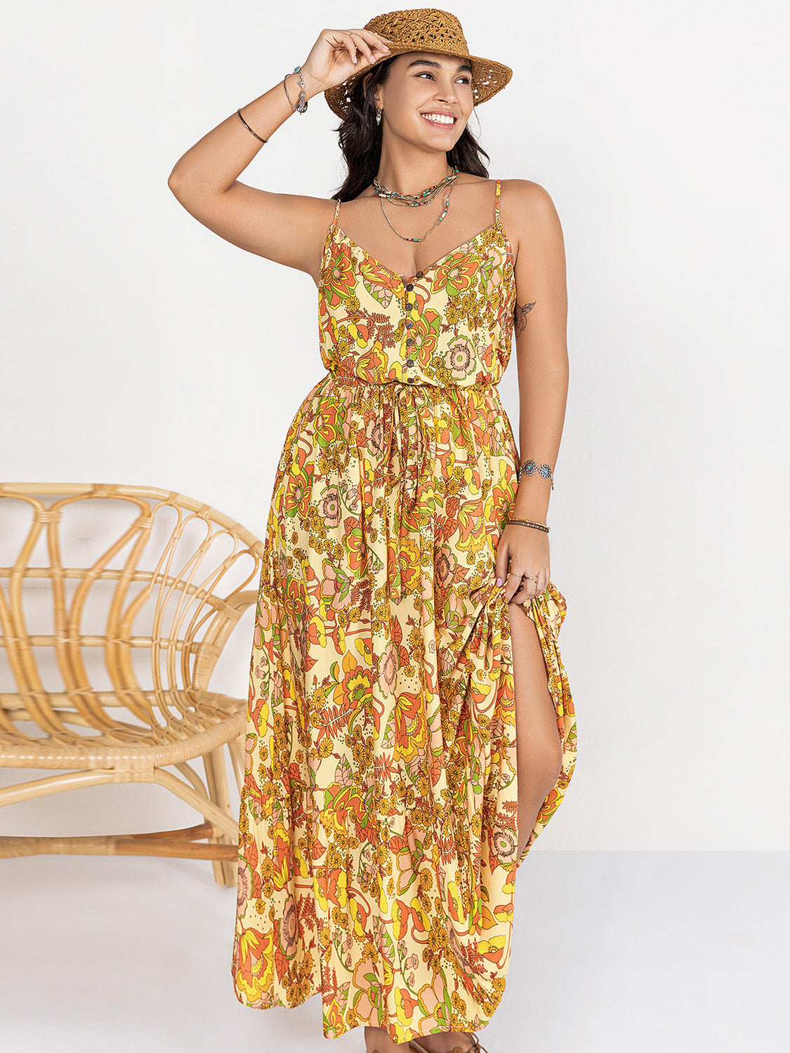 Plus Size Printed V-Neck Maxi Cami Dress at Kamakhyaa by Trendsi. This item is H.R.Z, Ship From Overseas, Trendsi