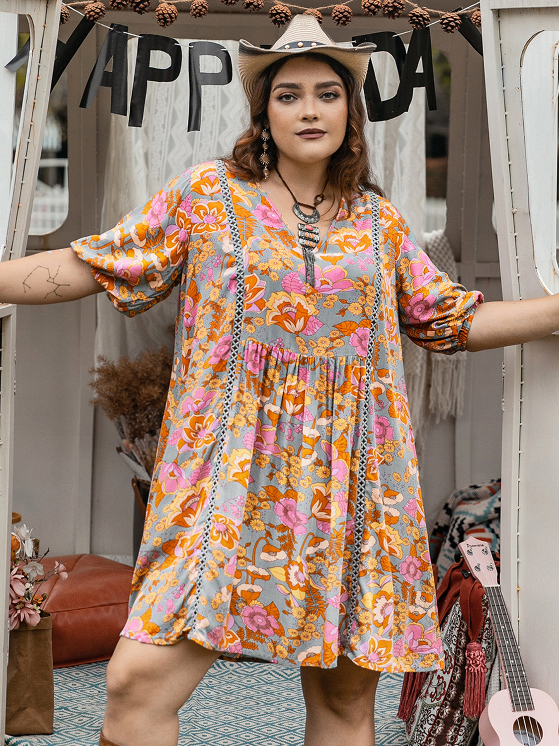 Plus Size Ruched Printed Half Sleeve Mini Dress at Kamakhyaa by Trendsi. This item is H.R.Z, Ship From Overseas, Trendsi