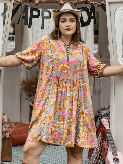 Plus Size Ruched Printed Half Sleeve Mini Dress at Kamakhyaa by Trendsi. This item is H.R.Z, Ship From Overseas, Trendsi