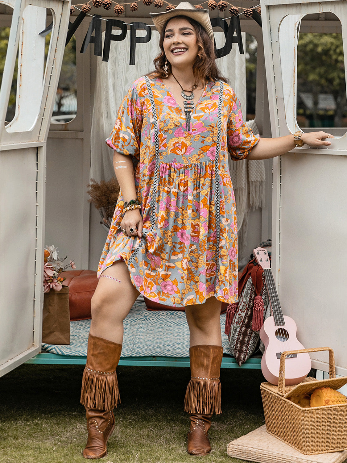 Plus Size Ruched Printed Half Sleeve Mini Dress at Kamakhyaa by Trendsi. This item is H.R.Z, Ship From Overseas, Trendsi