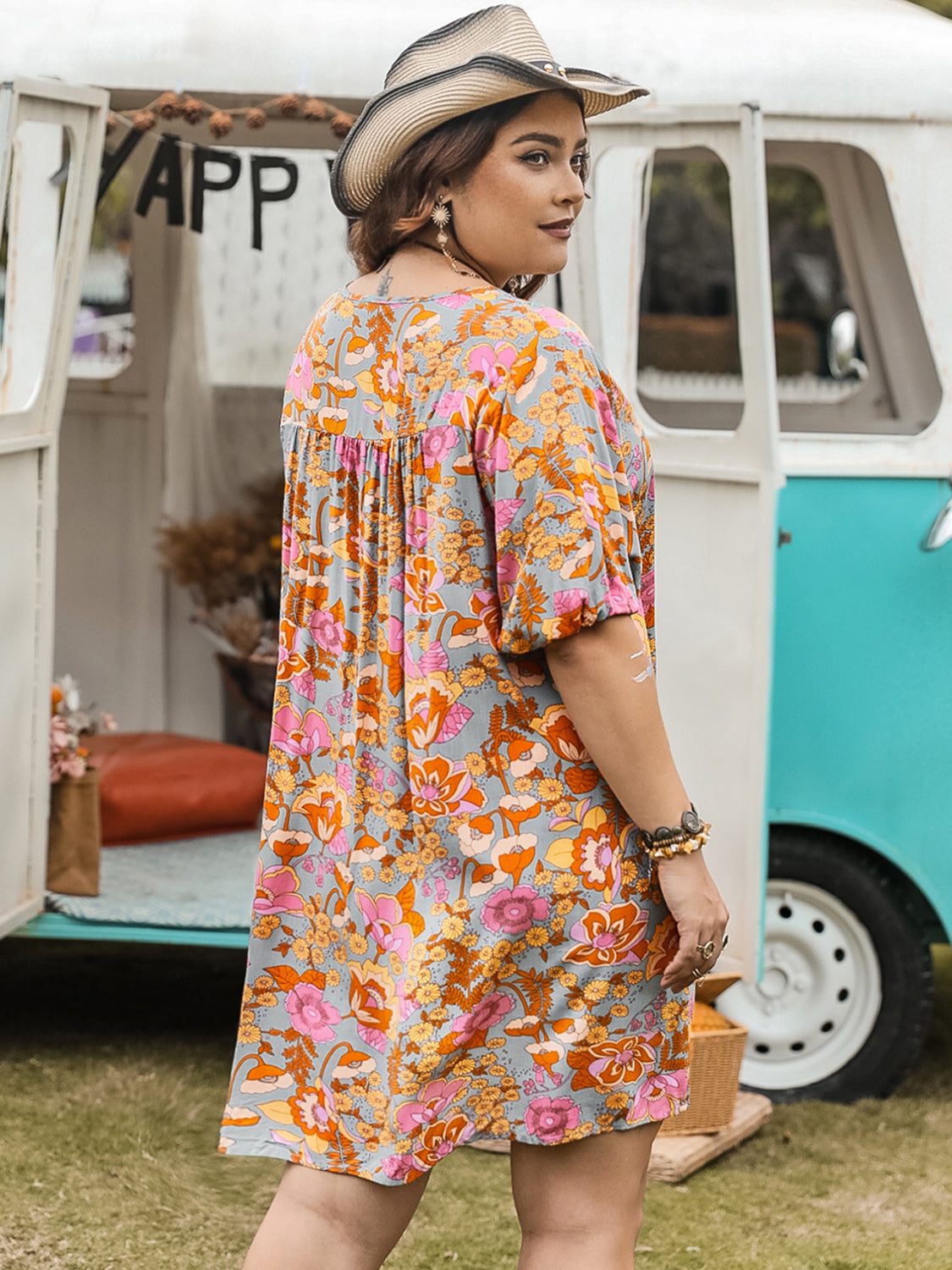 Plus Size Ruched Printed Half Sleeve Mini Dress at Kamakhyaa by Trendsi. This item is H.R.Z, Ship From Overseas, Trendsi