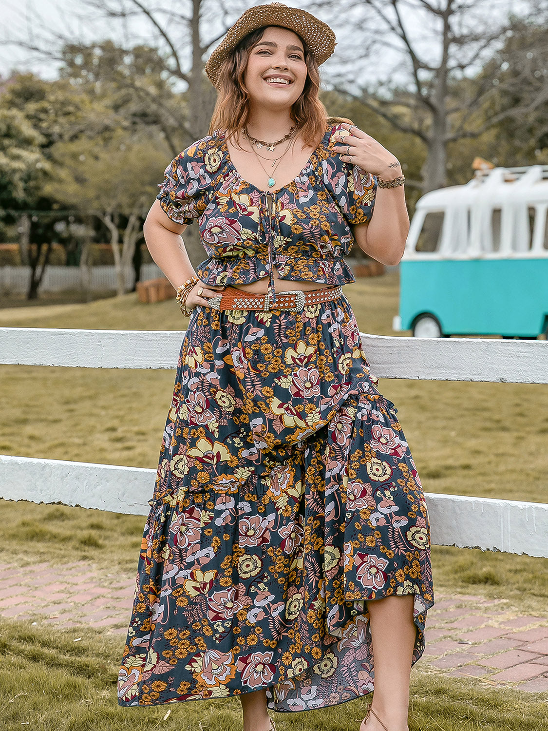 Plus Size Tie Neck Short Sleeve Top and Skirt Set at Kamakhyaa by Trendsi. This item is H.R.Z, Ship From Overseas, Trendsi