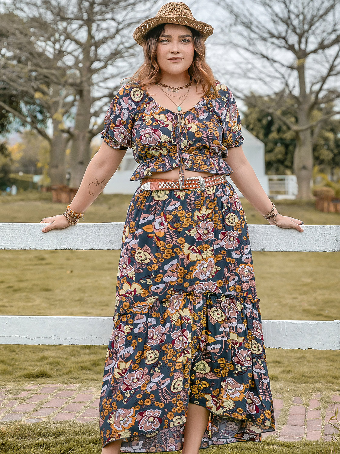 Plus Size Tie Neck Short Sleeve Top and Skirt Set at Kamakhyaa by Trendsi. This item is H.R.Z, Ship From Overseas, Trendsi