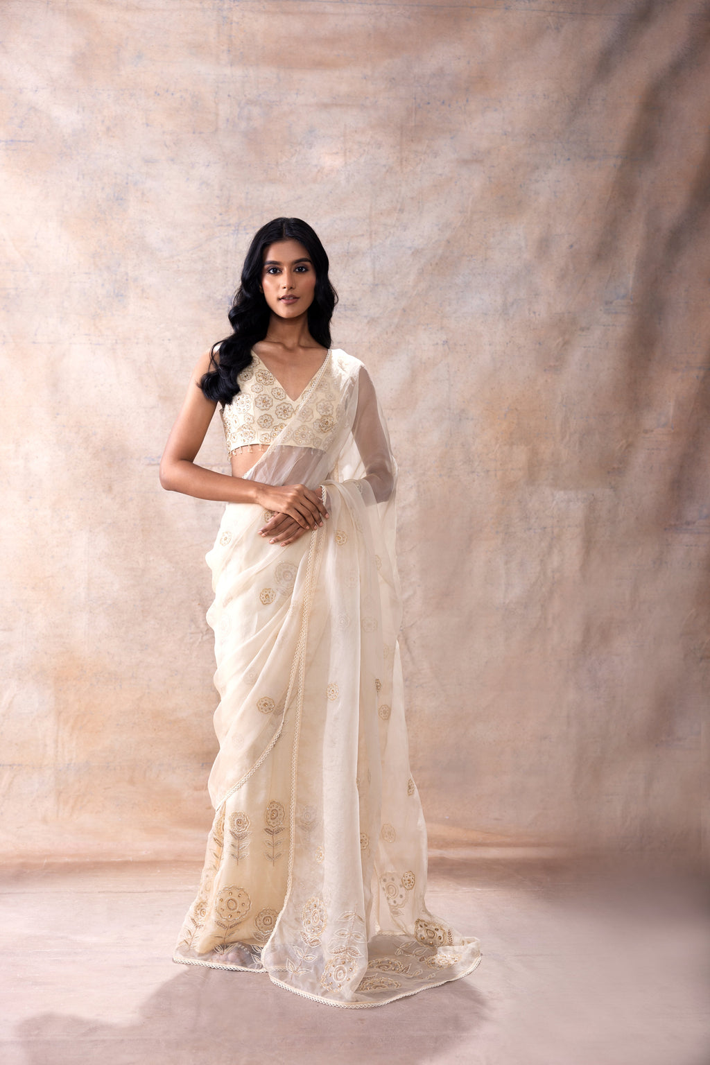 Pre Stiched Skirt Saree Set at Kamakhyaa by Akashi Clothing. This item is Ethnic Wear, Festive Wear, Free Size, Hand Embroidered, Indian Wear, Modal Satin, Off-white, Organza, Organza Saree, Party Wear, Pre-draped Saree, Saree Sets, Sarees, Wedding Wear, White, Womenswear, Zaira by Akashi Clothing