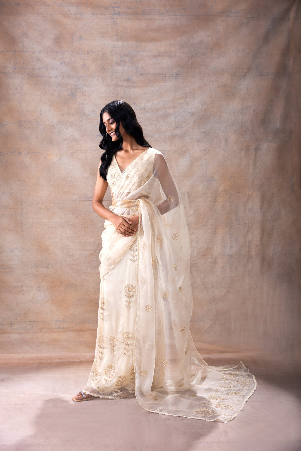 Pre Stiched Skirt Saree Set at Kamakhyaa by Akashi Clothing. This item is Ethnic Wear, Festive Wear, Free Size, Hand Embroidered, Indian Wear, Modal Satin, Off-white, Organza, Organza Saree, Party Wear, Pre-draped Saree, Saree Sets, Sarees, Wedding Wear, White, Womenswear, Zaira by Akashi Clothing