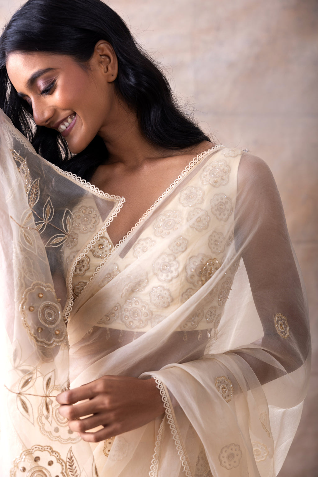 Pre Stiched Skirt Saree Set at Kamakhyaa by Akashi Clothing. This item is Ethnic Wear, Festive Wear, Free Size, Hand Embroidered, Indian Wear, Modal Satin, Off-white, Organza, Organza Saree, Party Wear, Pre-draped Saree, Saree Sets, Sarees, Wedding Wear, White, Womenswear, Zaira by Akashi Clothing