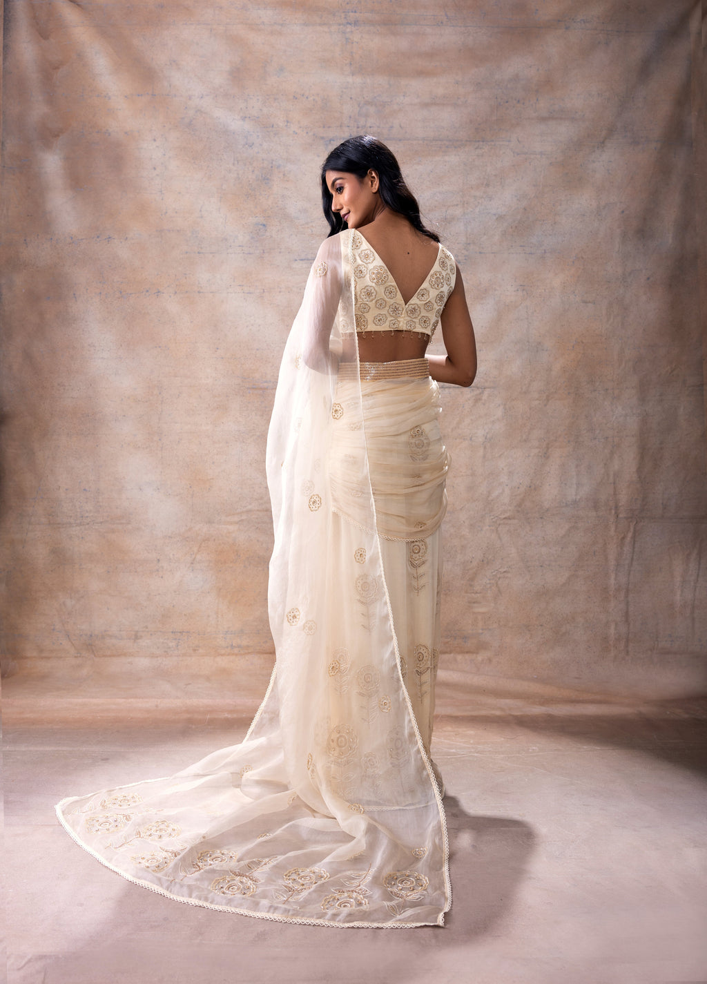 Pre Stiched Skirt Saree Set at Kamakhyaa by Akashi Clothing. This item is Ethnic Wear, Festive Wear, Free Size, Hand Embroidered, Indian Wear, Modal Satin, Off-white, Organza, Organza Saree, Party Wear, Pre-draped Saree, Saree Sets, Sarees, Wedding Wear, White, Womenswear, Zaira by Akashi Clothing