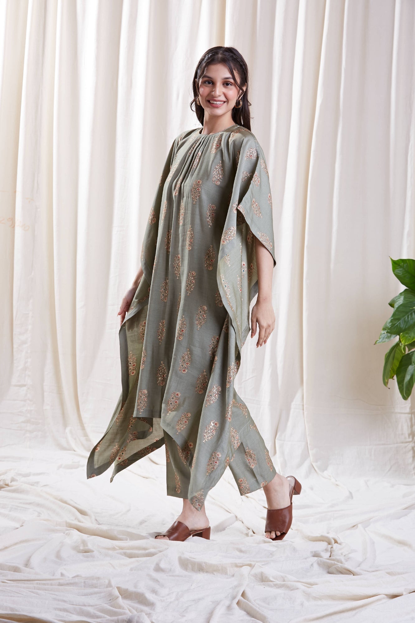 Printed Green Kaftan Set at Kamakhyaa by Hasttvam. This item is Floral, Fusion Wear, Green, Handmade by Artisans, Natural dyes, Relaxed Fit, Respondible production and Vegan, Viscose Silk