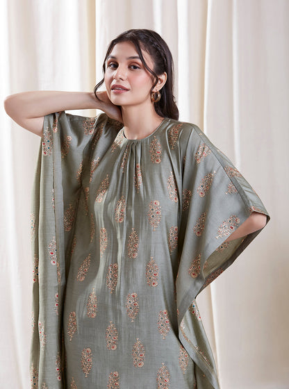 Printed Green Kaftan Set at Kamakhyaa by Hasttvam. This item is Floral, Fusion Wear, Green, Handmade by Artisans, Natural dyes, Relaxed Fit, Respondible production and Vegan, Viscose Silk