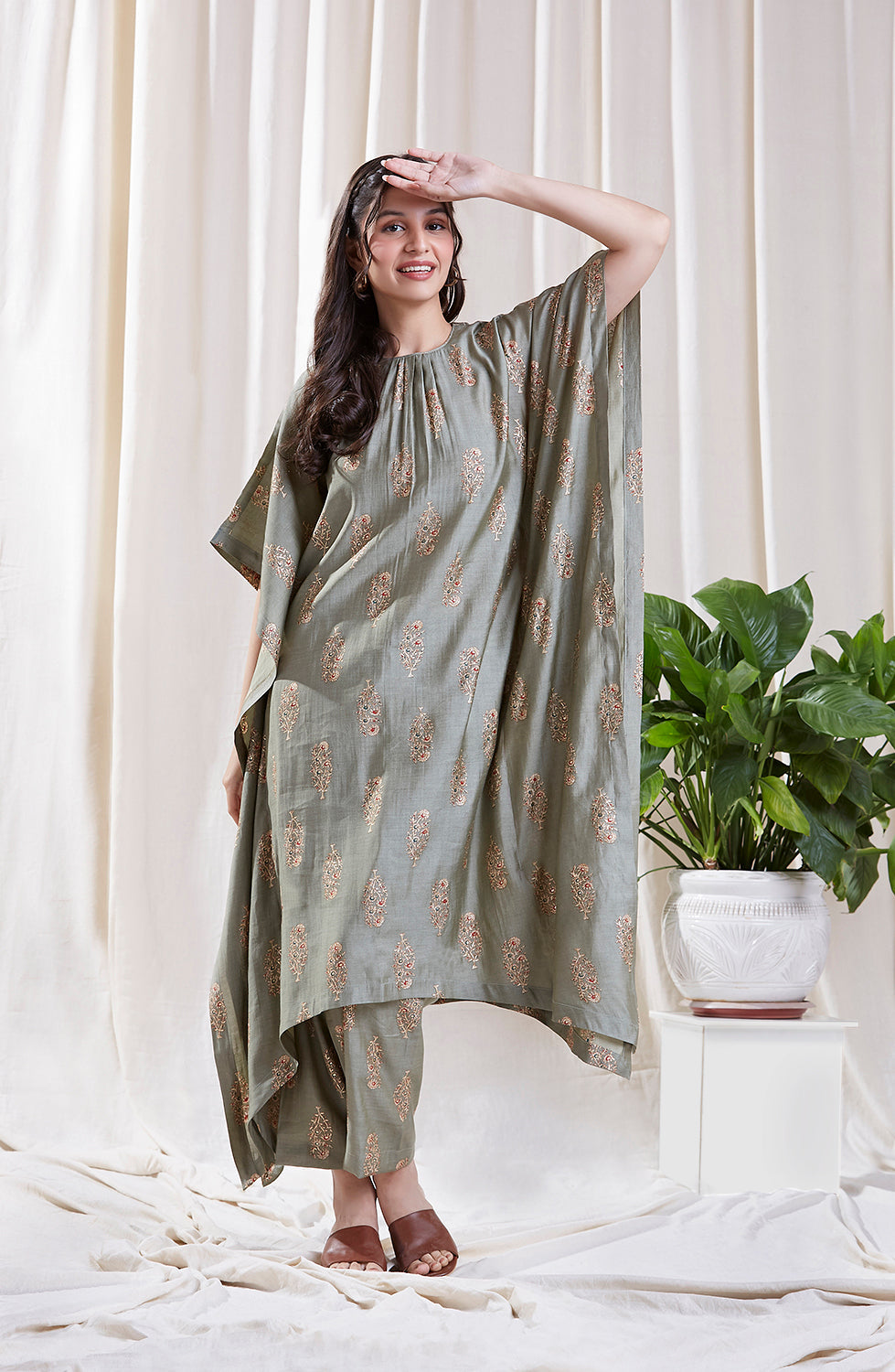 Printed Green Kaftan Set at Kamakhyaa by Hasttvam. This item is Floral, Fusion Wear, Green, Handmade by Artisans, Natural dyes, Relaxed Fit, Respondible production and Vegan, Viscose Silk