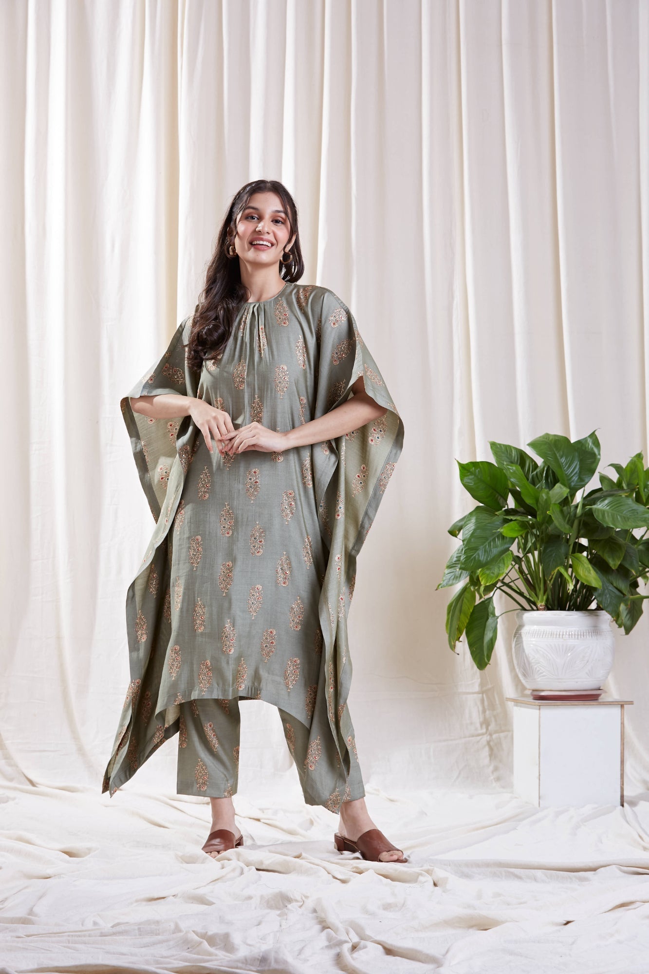 Printed Green Kaftan Set at Kamakhyaa by Hasttvam. This item is Floral, Fusion Wear, Green, Handmade by Artisans, Natural dyes, Relaxed Fit, Respondible production and Vegan, Viscose Silk