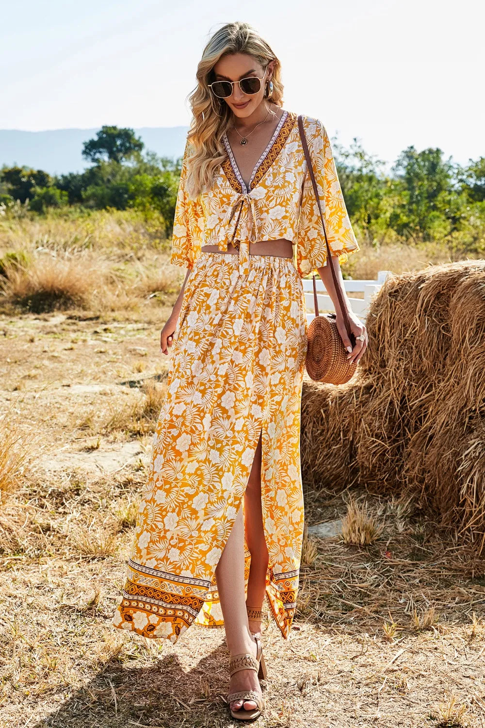 Printed Half Sleeve Top and Slit Skirt Set at kamakhyaa.com by Trendsi. This item is Roman, Ship From Overseas, Under $100