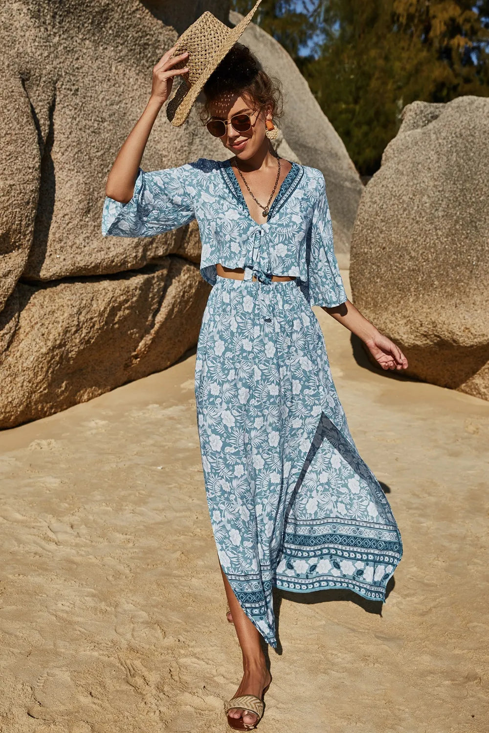 Printed Half Sleeve Top and Slit Skirt Set at kamakhyaa.com by Trendsi. This item is Roman, Ship From Overseas, Under $100