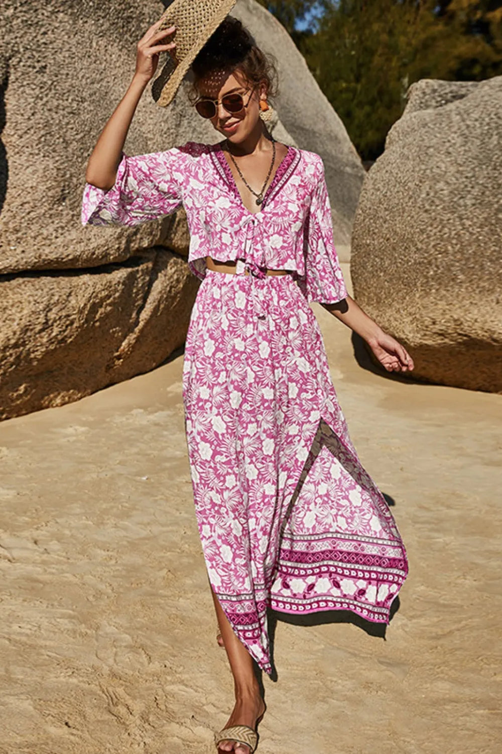 Printed Half Sleeve Top and Slit Skirt Set at kamakhyaa.com by Trendsi. This item is Roman, Ship From Overseas, Under $100