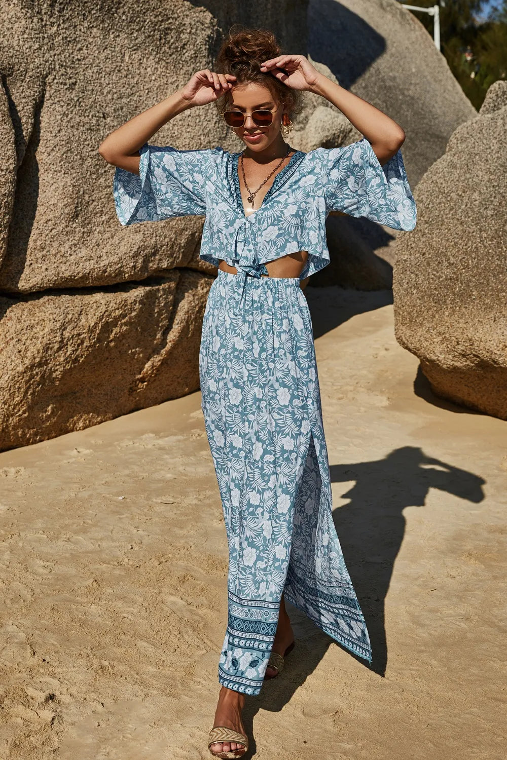 Printed Half Sleeve Top and Slit Skirt Set at kamakhyaa.com by Trendsi. This item is Roman, Ship From Overseas, Under $100