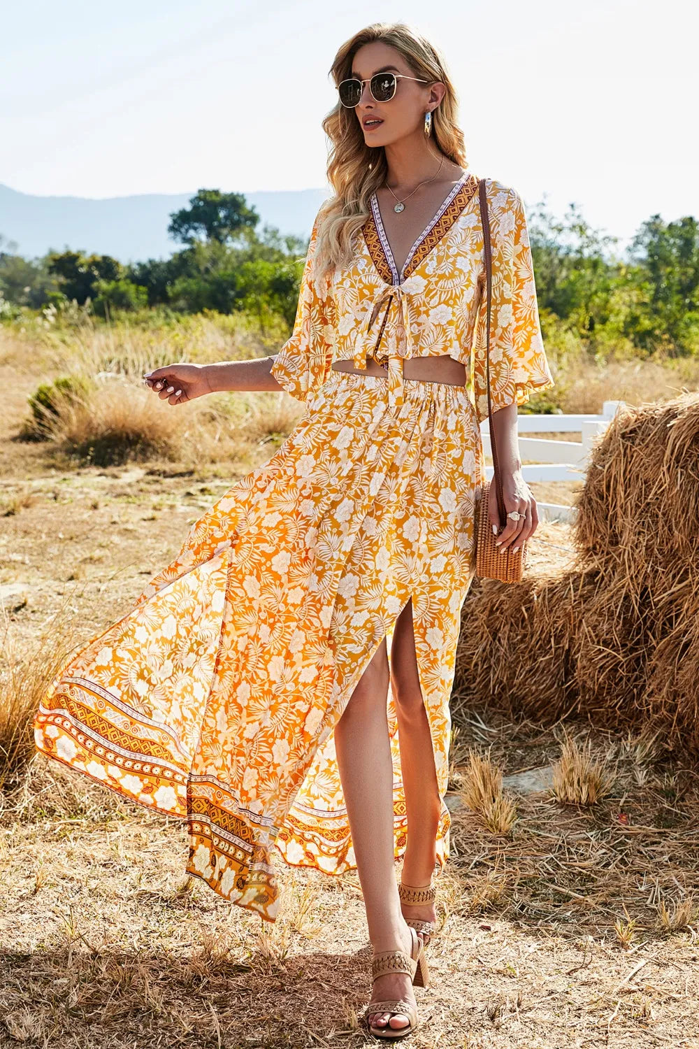 Printed Half Sleeve Top and Slit Skirt Set at kamakhyaa.com by Trendsi. This item is Roman, Ship From Overseas, Under $100