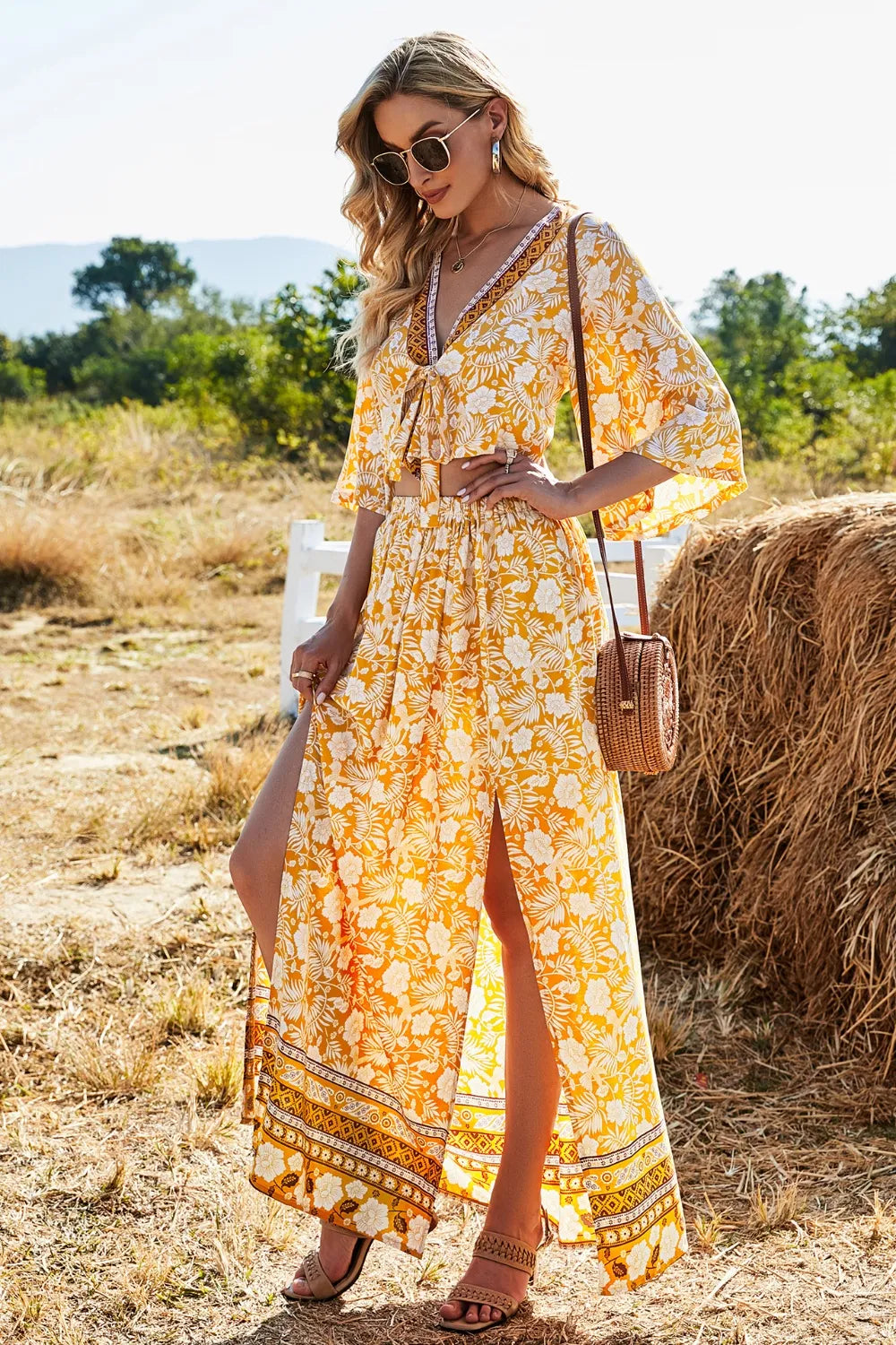 Printed Half Sleeve Top and Slit Skirt Set at kamakhyaa.com by Trendsi. This item is Roman, Ship From Overseas, Under $100