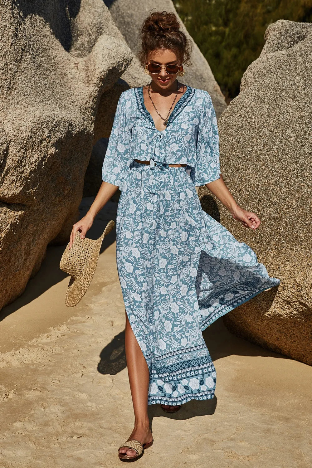 Printed Half Sleeve Top and Slit Skirt Set at kamakhyaa.com by Trendsi. This item is Roman, Ship From Overseas, Under $100