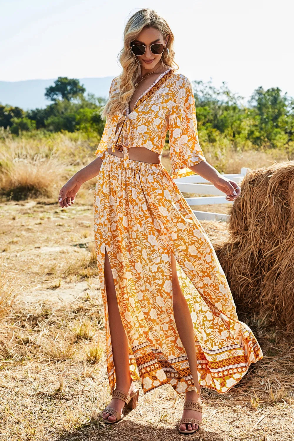 Printed Half Sleeve Top and Slit Skirt Set at kamakhyaa.com by Trendsi. This item is Roman, Ship From Overseas, Under $100