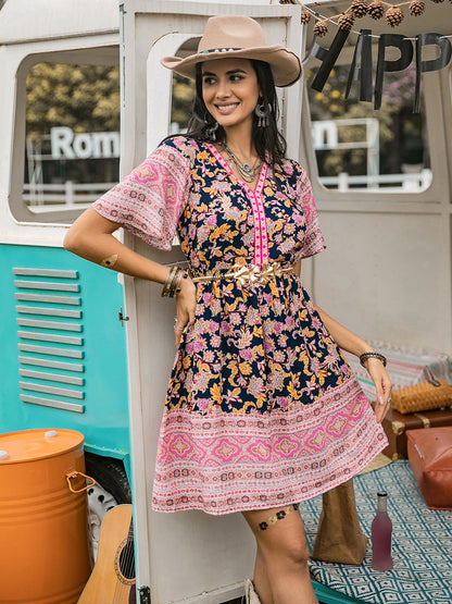 Printed V-Neck Short Sleeve Dress at Kamakhyaa by Trendsi. This item is H.R.Z, Ship From Overseas, Trendsi