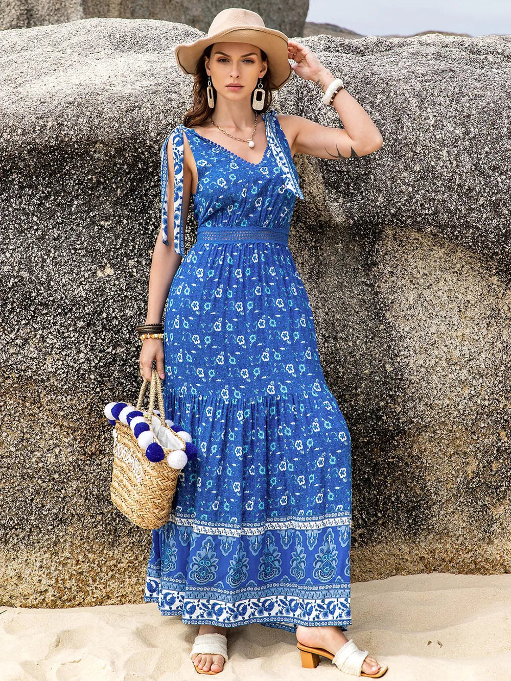 Printed V-Neck Tie Shoulder Dress at kamakhyaa.com by Trendsi. This item is H.R.Z, Ship From Overseas, Under $100