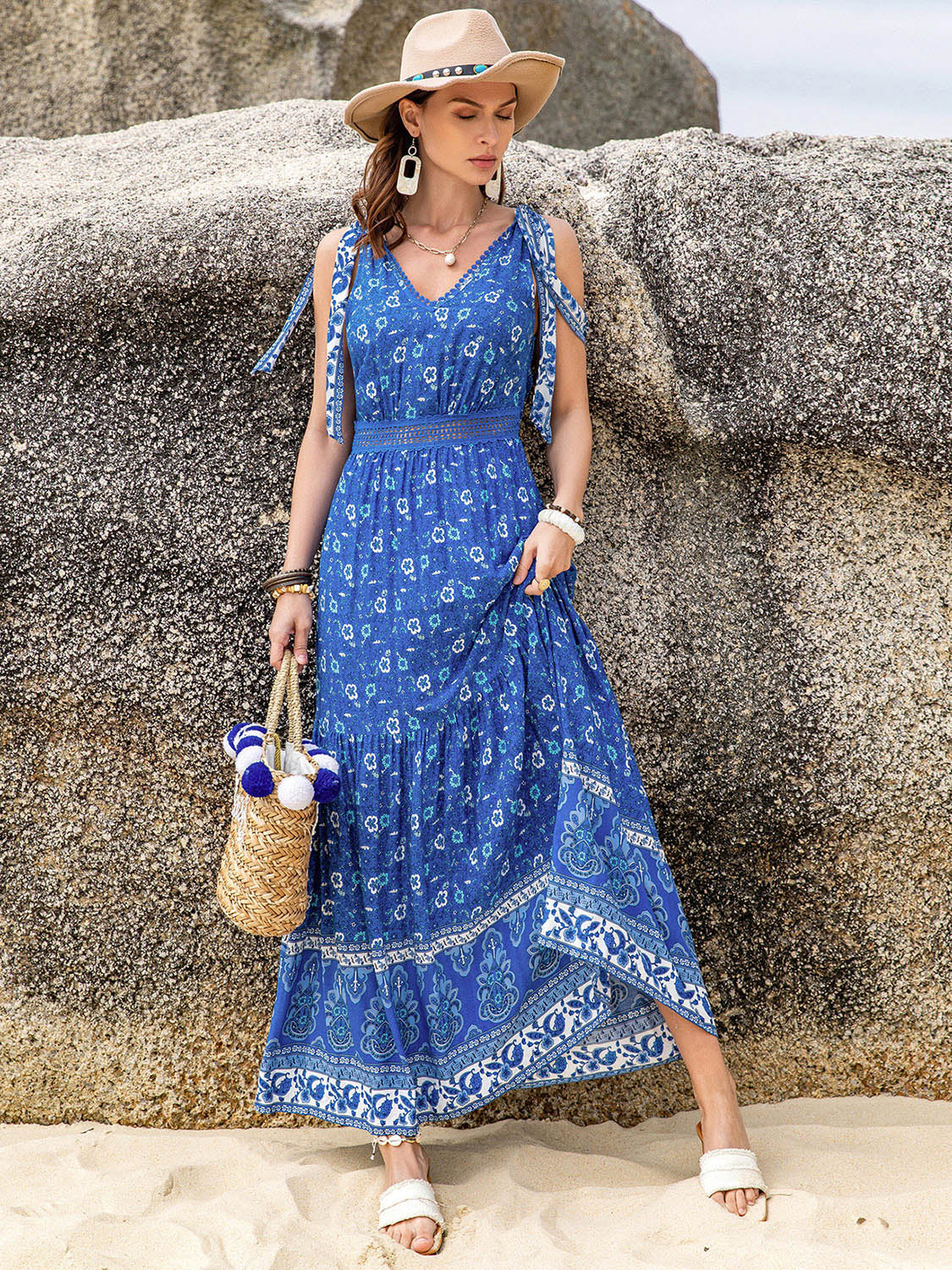 Printed V-Neck Tie Shoulder Dress at Kamakhyaa by Trendsi. This item is H.R.Z, Ship From Overseas, Trendsi