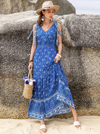 Printed V-Neck Tie Shoulder Dress at Kamakhyaa by Trendsi. This item is H.R.Z, Ship From Overseas, Trendsi