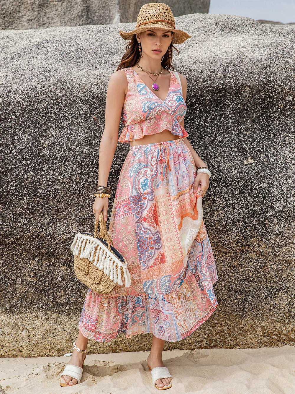 Printed V-Neck Top and Midi Skirt Set at kamakhyaa.com by Trendsi. This item is H.R.Z, Ship From Overseas, Under $150