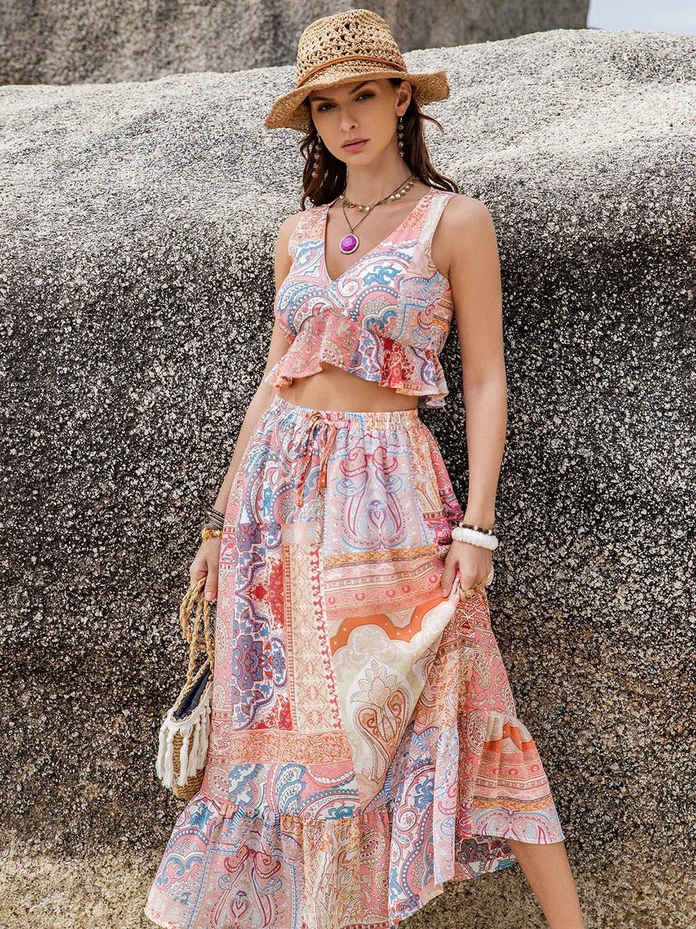 Printed V-Neck Top and Midi Skirt Set at kamakhyaa.com by Trendsi. This item is H.R.Z, Ship From Overseas, Under $150