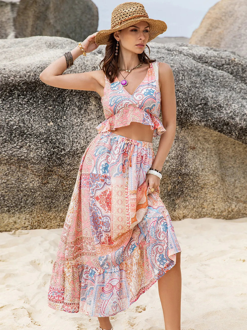 Printed V-Neck Top and Midi Skirt Set at kamakhyaa.com by Trendsi. This item is H.R.Z, Ship From Overseas, Under $150