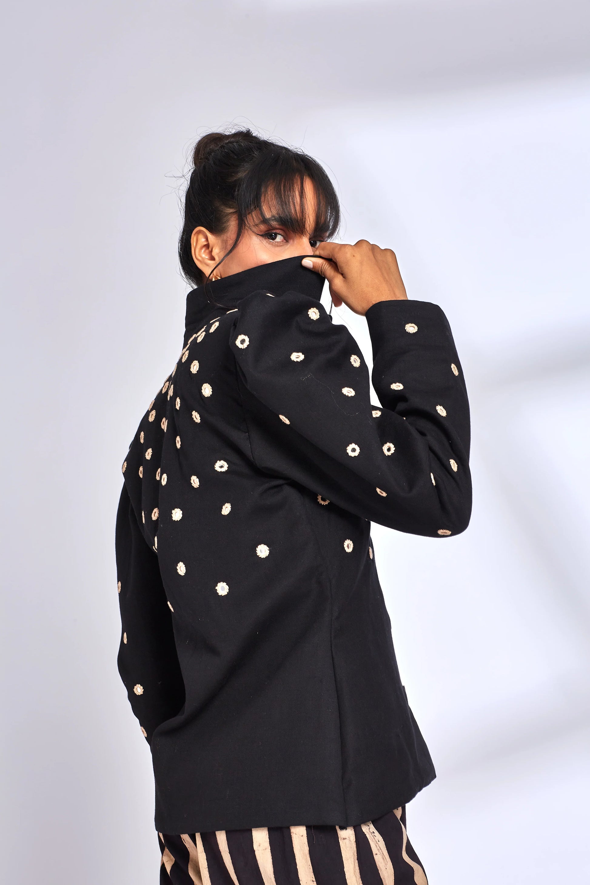 Puff Sleeve Black Jacket at Kamakhyaa by Hasttvam. This item is Black, Cotton, Embroidered, Fusion Wear, Natural dyes, Relaxed Fit, Respondible production and Vegan