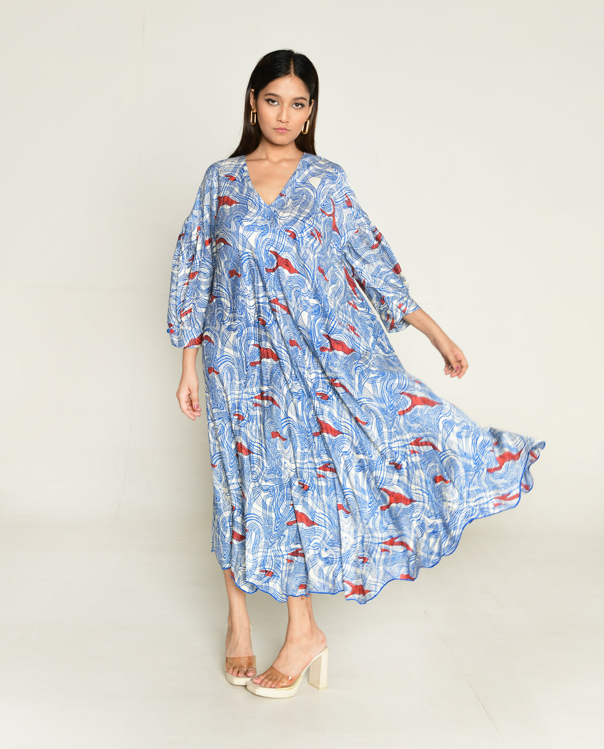 Puff Sleeve Dress at Kamakhyaa by Rias Jaipur. This item is Abstract Prints, Bhram by Rias Jaipur, Casual Wear, Cotton bemberg, Midi Dresses, Multicolor, Organic, Relaxed Fit