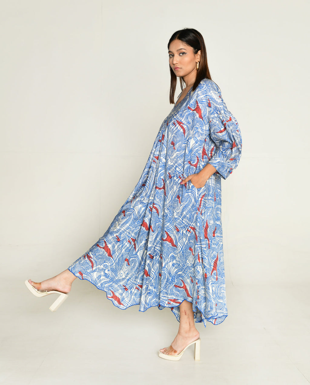 Puff Sleeve Dress at Kamakhyaa by Rias Jaipur. This item is Abstract Prints, Bhram by Rias Jaipur, Casual Wear, Cotton bemberg, Midi Dresses, Multicolor, Organic, Relaxed Fit