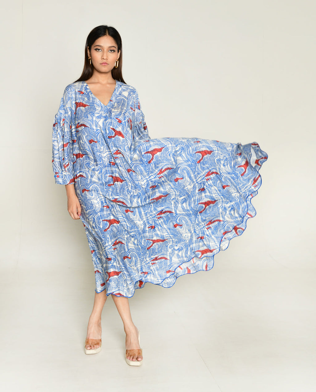 Puff Sleeve Dress at Kamakhyaa by Rias Jaipur. This item is Abstract Prints, Bhram by Rias Jaipur, Casual Wear, Cotton bemberg, Midi Dresses, Multicolor, Organic, Relaxed Fit