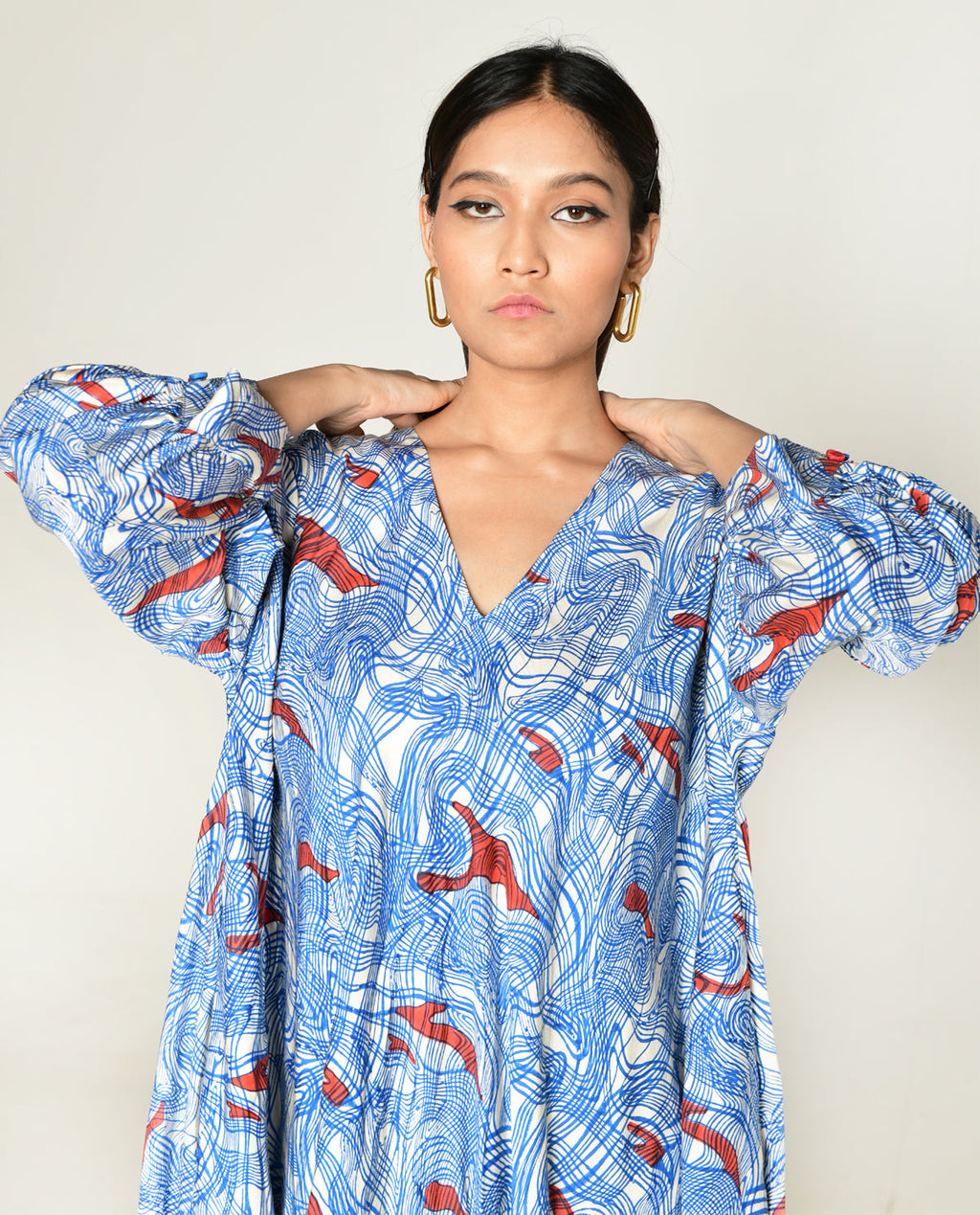 Puff Sleeve Dress at Kamakhyaa by Rias Jaipur. This item is Abstract Prints, Bhram by Rias Jaipur, Casual Wear, Cotton bemberg, Midi Dresses, Multicolor, Organic, Relaxed Fit