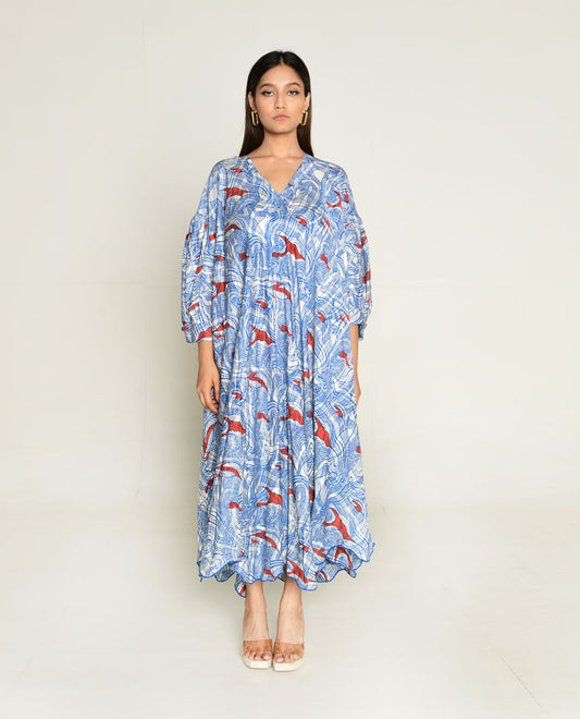 Puff Sleeve Dress at Kamakhyaa by Rias Jaipur. This item is Abstract Prints, Bhram by Rias Jaipur, Casual Wear, Cotton bemberg, Midi Dresses, Multicolor, Organic, Relaxed Fit