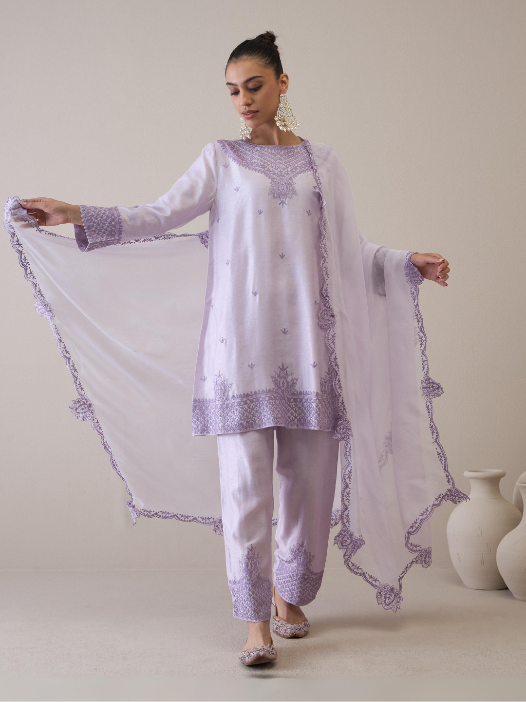 Purple Boat Neck Kurta Set with dupatta at Kamakhyaa by RoohbyRidhimaa. This item is Avani by RoohbyRidhimaa, Ethnic Wear, Kurta Set with Dupattas, Purple, Relaxed Fit, Resham Embroidered, Silk Organza, Toxin free, Viscose Raw Silk