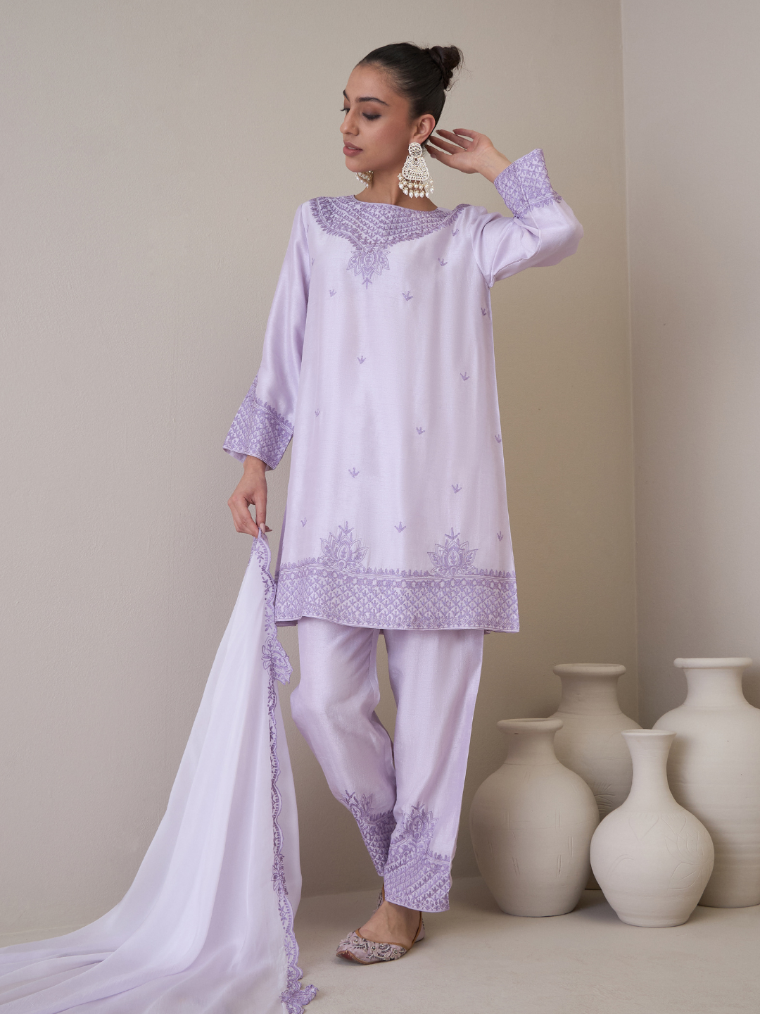 Purple Boat Neck Kurta Set with dupatta at Kamakhyaa by RoohbyRidhimaa. This item is Avani by RoohbyRidhimaa, Ethnic Wear, Kurta Set with Dupattas, Purple, Relaxed Fit, Resham Embroidered, Silk Organza, Toxin free, Viscose Raw Silk