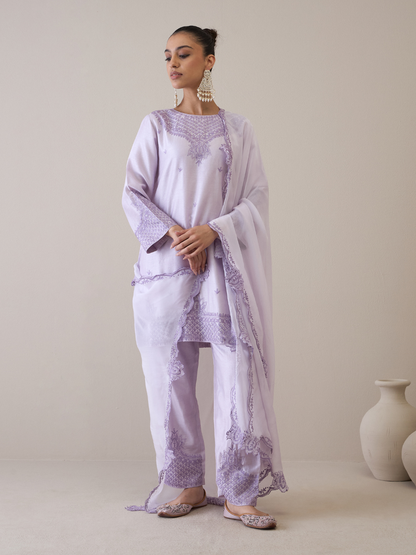 Purple Boat Neck Kurta Set with dupatta at Kamakhyaa by RoohbyRidhimaa. This item is Avani by RoohbyRidhimaa, Ethnic Wear, Kurta Set with Dupattas, Purple, Relaxed Fit, Resham Embroidered, Silk Organza, Toxin free, Viscose Raw Silk