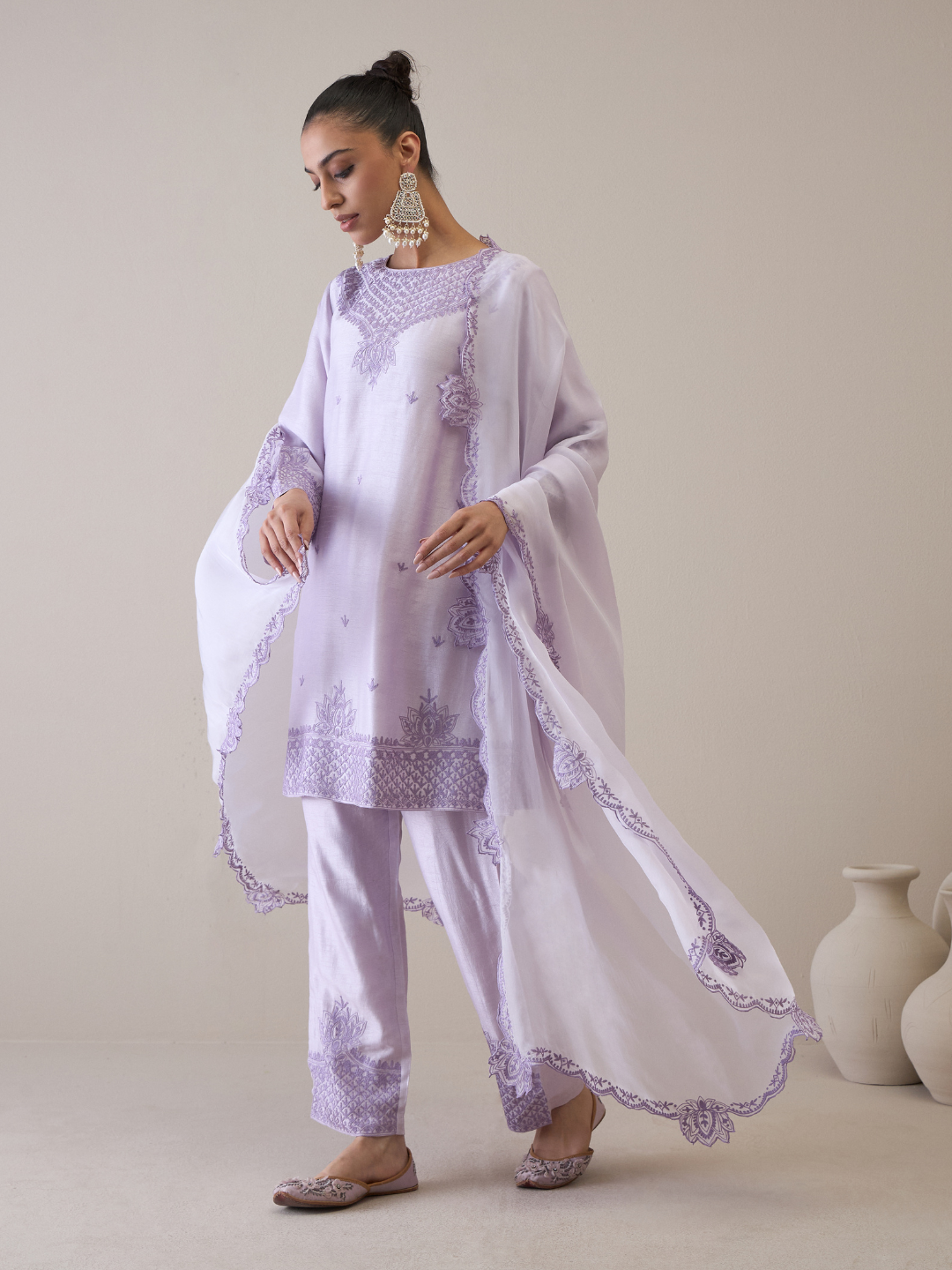 Purple Boat Neck Kurta Set with dupatta at Kamakhyaa by RoohbyRidhimaa. This item is Avani by RoohbyRidhimaa, Ethnic Wear, Kurta Set with Dupattas, Purple, Relaxed Fit, Resham Embroidered, Silk Organza, Toxin free, Viscose Raw Silk