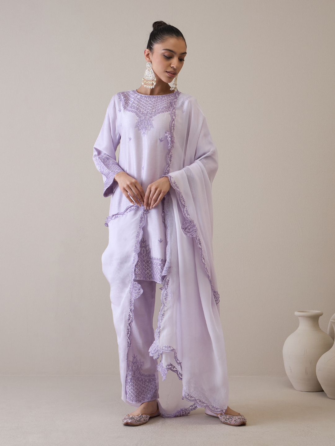 Purple Boat Neck Kurta Set with dupatta at Kamakhyaa by RoohbyRidhimaa. This item is Avani by RoohbyRidhimaa, Ethnic Wear, Kurta Set with Dupattas, Purple, Relaxed Fit, Resham Embroidered, Silk Organza, Toxin free, Viscose Raw Silk