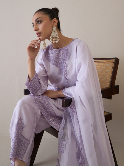 Purple Boat Neck Kurta Set with dupatta at Kamakhyaa by RoohbyRidhimaa. This item is Avani by RoohbyRidhimaa, Ethnic Wear, Kurta Set with Dupattas, Purple, Relaxed Fit, Resham Embroidered, Silk Organza, Toxin free, Viscose Raw Silk