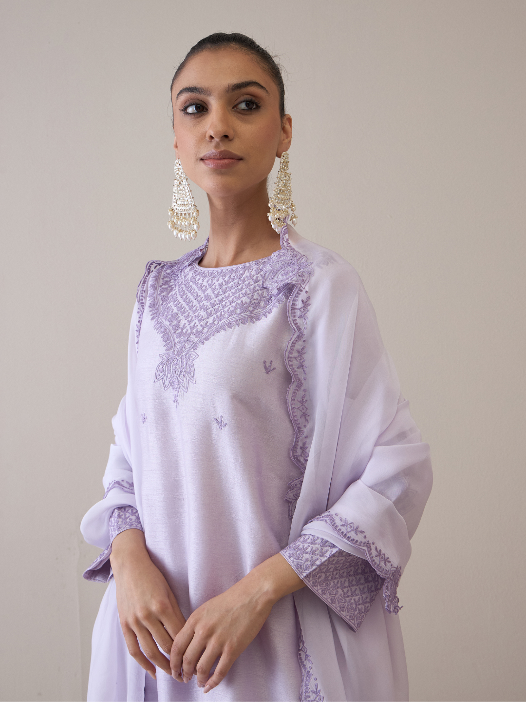 Purple Boat Neck Kurta Set with dupatta at Kamakhyaa by RoohbyRidhimaa. This item is Avani by RoohbyRidhimaa, Ethnic Wear, Kurta Set with Dupattas, Purple, Relaxed Fit, Resham Embroidered, Silk Organza, Toxin free, Viscose Raw Silk