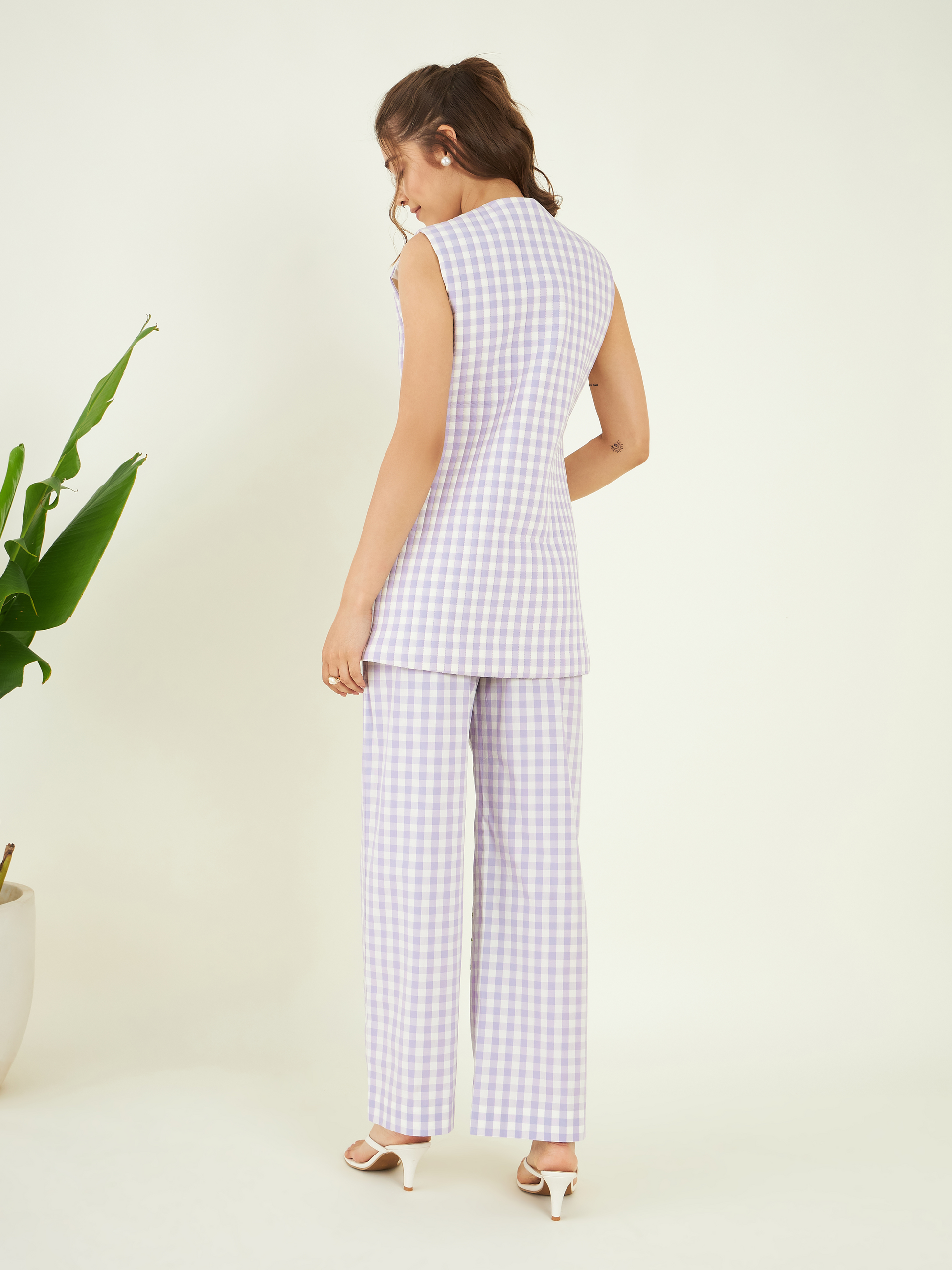 Purple Checks Cotton Co-ord Set at Kamakhyaa by Bohobi. This item is 100% Cotton, Checks, Cotton Mulmul, Office Wear, Office Wear Co-ords, Purple, Regular Fit, Toxin free