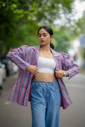 Purple Ikat Printed Handloom Cotton Jacket at Kamakhyaa by Krushnachuda. This item is Handloom Cotton, Ikat Print, Jackets, Natural Dye, Organic, Purple, Regular Fit, Work Wear
