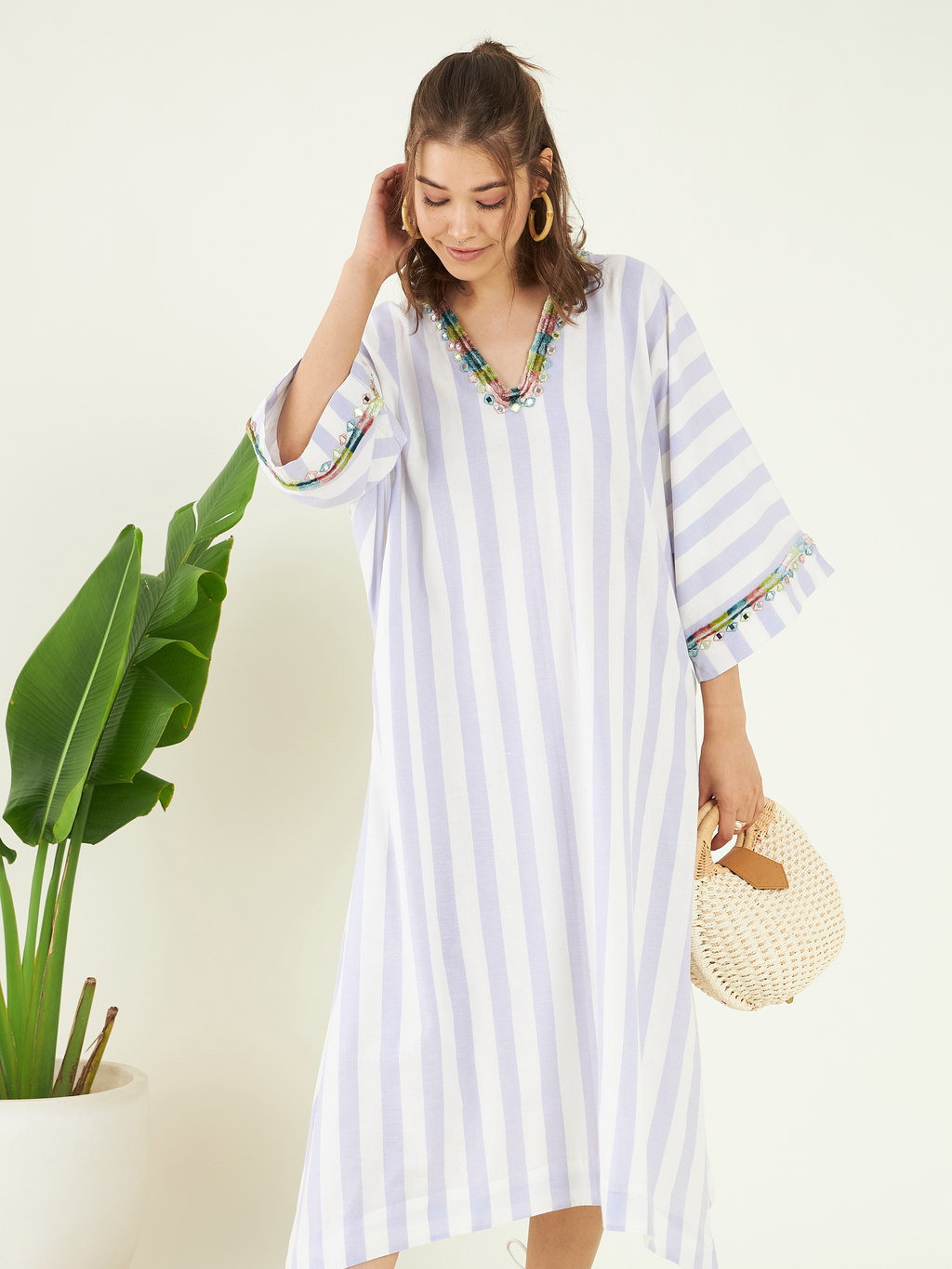 Purple Office Wear Cotton Kaftan at Kamakhyaa by Bohobi. This item is 100% Cotton, Cotton Mulmul, Kaftans, Office Wear, Purple, Relaxed Fit, Stripes, Toxin free